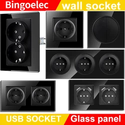 Bingoelec Black Double Power Socket 16A EU Standard Electrical Outlet Standard Ground Wall Socket Tempered Glass HomeImprovement