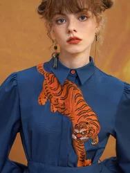 Spring Autumn Original Design Women Vintage Exquisite Tigers Embroidered Blue Long Sleeved Dress With Belt