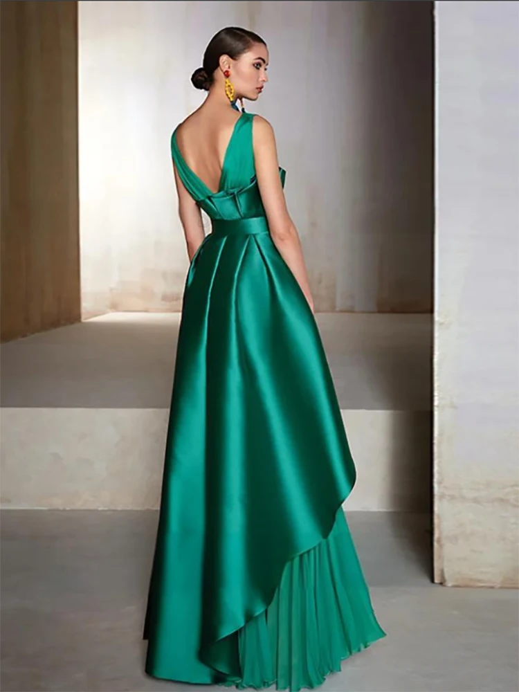 

Elegant Green V Neck A-Line Pleat Floor Length Sleeveless Formal Evening Dresses Party Prom Gowns