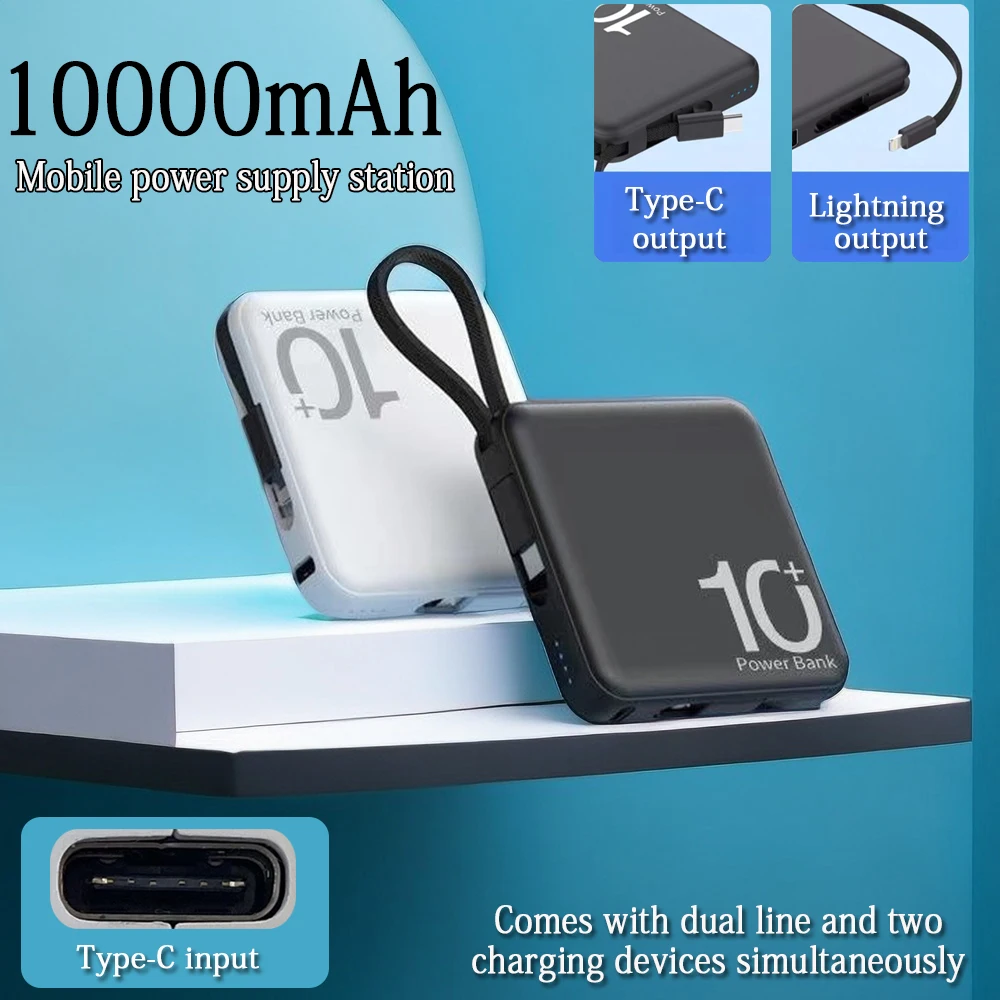 

Mini Power Bank 10000mAh Portable External Battery Pack Built in Cable Powerbanks Spare Batteries for iPhone14 Samsung Xiaomiung