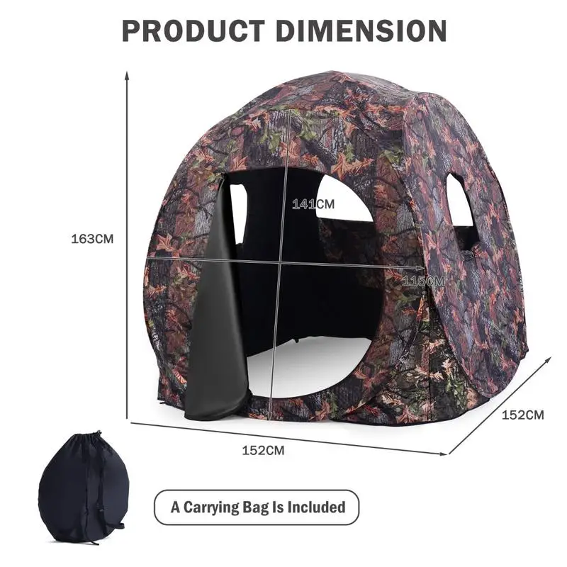 3 Person Pop Up Hunting Tent, PU Oxford Fabric, Steel Frame, 270 Degree View Window, Concealed Outdoor Observation, Carry Bag, Camouflage, 152x152x163 Cm view 2