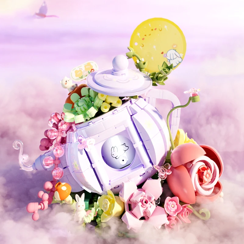 878ピース クリエイティブフラワーワークショップ 組み立てブロック 女の子の誕生日プレゼント 照明付きフラワーティーポット ウサギ 月 可愛いモデル組み立てブロック