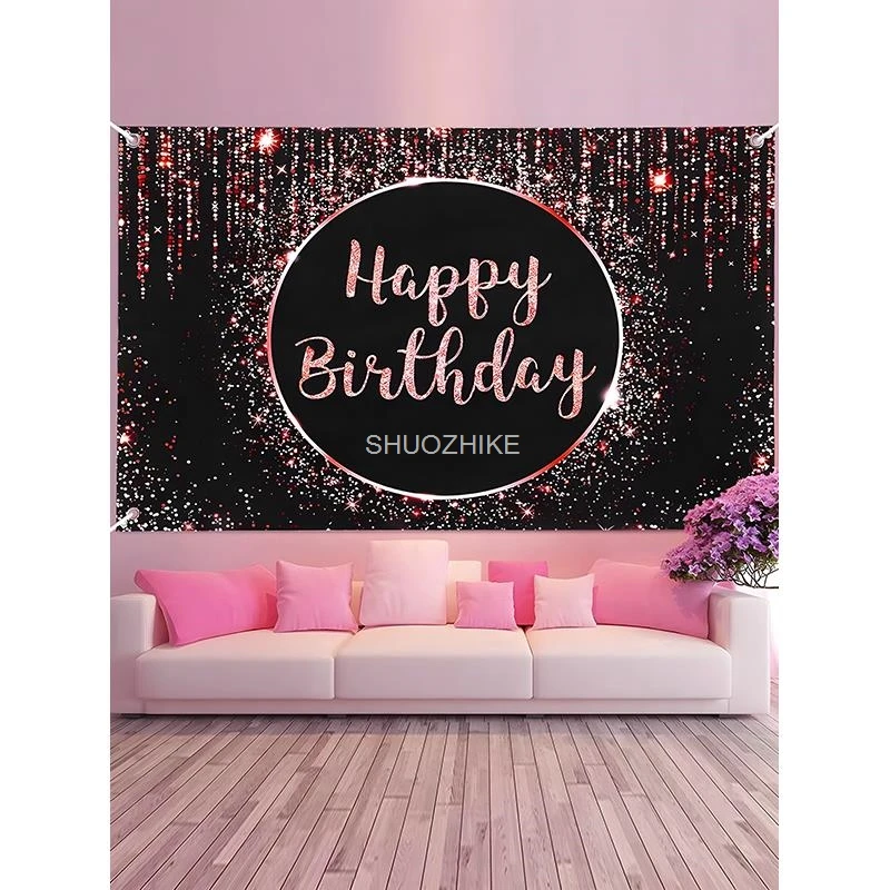 

SHUOZHIKE Pink Black Gold Happy Birthday Backdrop Glitter Balloon Boys Girls Party Balloon Sparkle Photo Studio Background JC-07