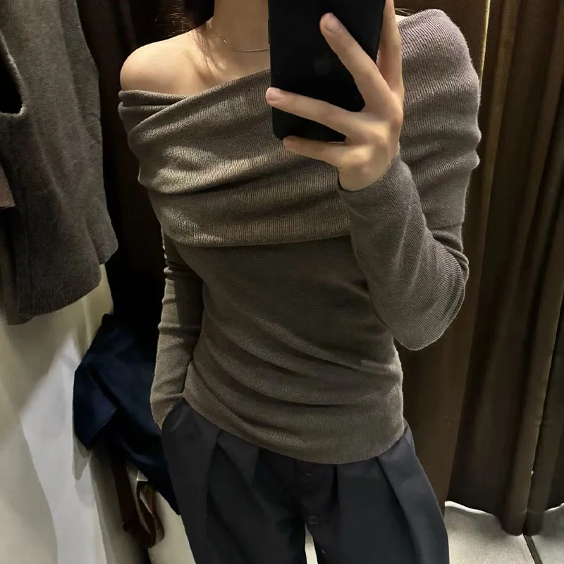 Fashion Knitted Sweater Strapless Pleated Off Shoulder Long Sleeve Womens Knit Top A Must Have Casual Item For Spring And Autumn