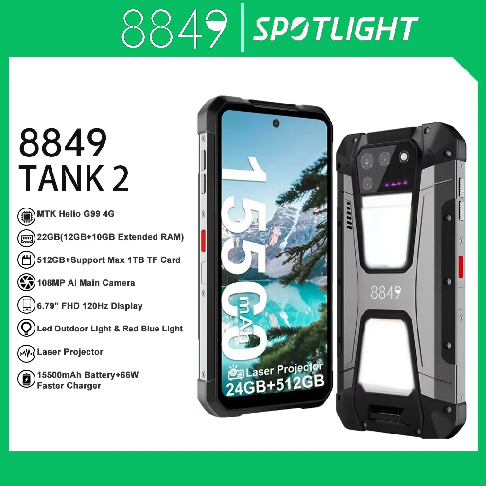 8849 Tank 2 Rugged Projector Smartphone 22GB RAM 512GB ROM 108MP 64MP Camera Super Night Vision G99 15500mAh Camping light