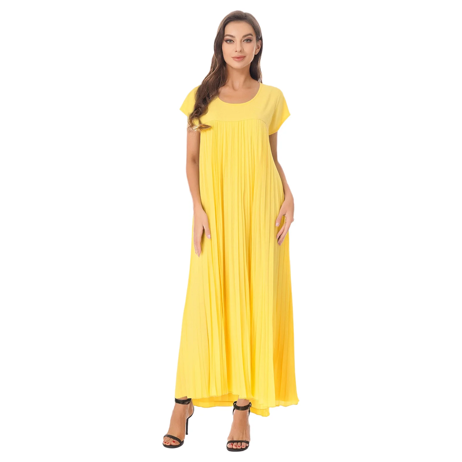 

Women Elegant Solid Color Summer Pleated Maxi Casual Dress Short Sleeve Round Collar Loose Party Dress for Work Commute Office