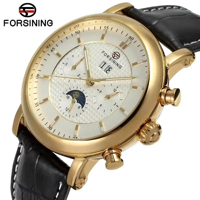 

FORSINNG Three eye six pin Automatic Mechanical Watch Calendar Black Circular belt Mechanical Watch Men's Watch