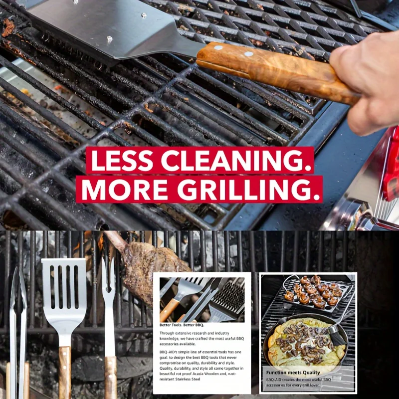 1pc, Premium BBQ Grill Brush with Replaceable Stainless Steel Bristles and Large Wooden Handle - Safe for Any Grill, No Scratche