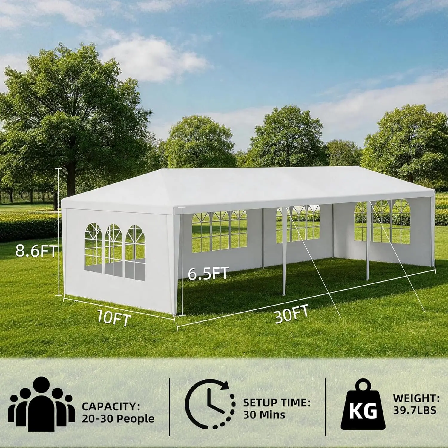 10x30 White Canopy Tent with 5 Removable Sidewalls and Windows, Waterproof Outdoor Party Gazebo Tent for Backyard, Customized
