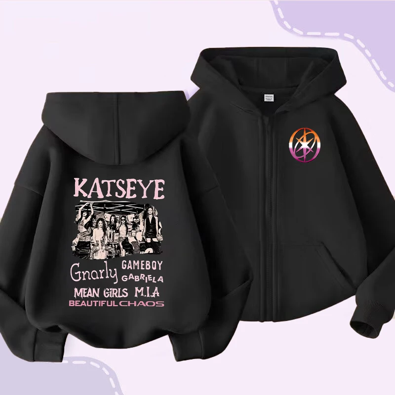 سترة صوفية للأطفال من Katseye معطف بناتي جميل بقلنسوة وسحاب سترة عصرية للأطفال ملابس لطيفة هدية عيد ميلاد أنيمي #2