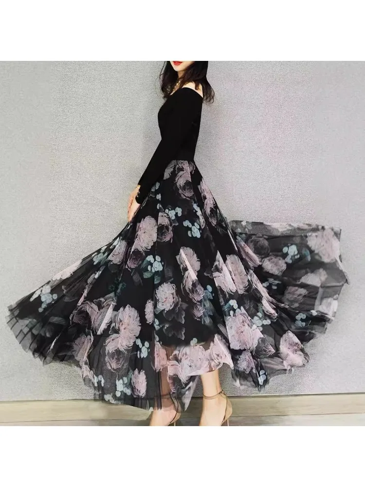

French holiday style tall man slightly stretched skirt A word skirt long skirt high sense summer floral skirt printed skirt