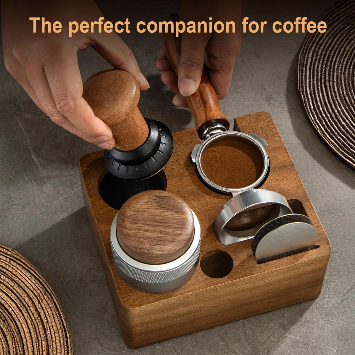 Espresso Tamping Station 51/54/58mm, Acacia Wood Espresso Machine Accessories, Distributor Slot and Multi Accessory Storage