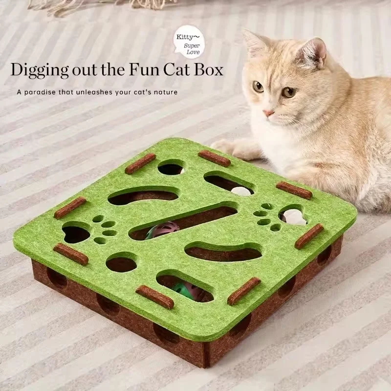 Caja de Comida Interactiva para Gatos con Laberinto de Fieltro, Juguete de Alimentación Lenta con 3 Bolas para Enriquecimiento Mental y Escondite de Premios para Gatos de Interior