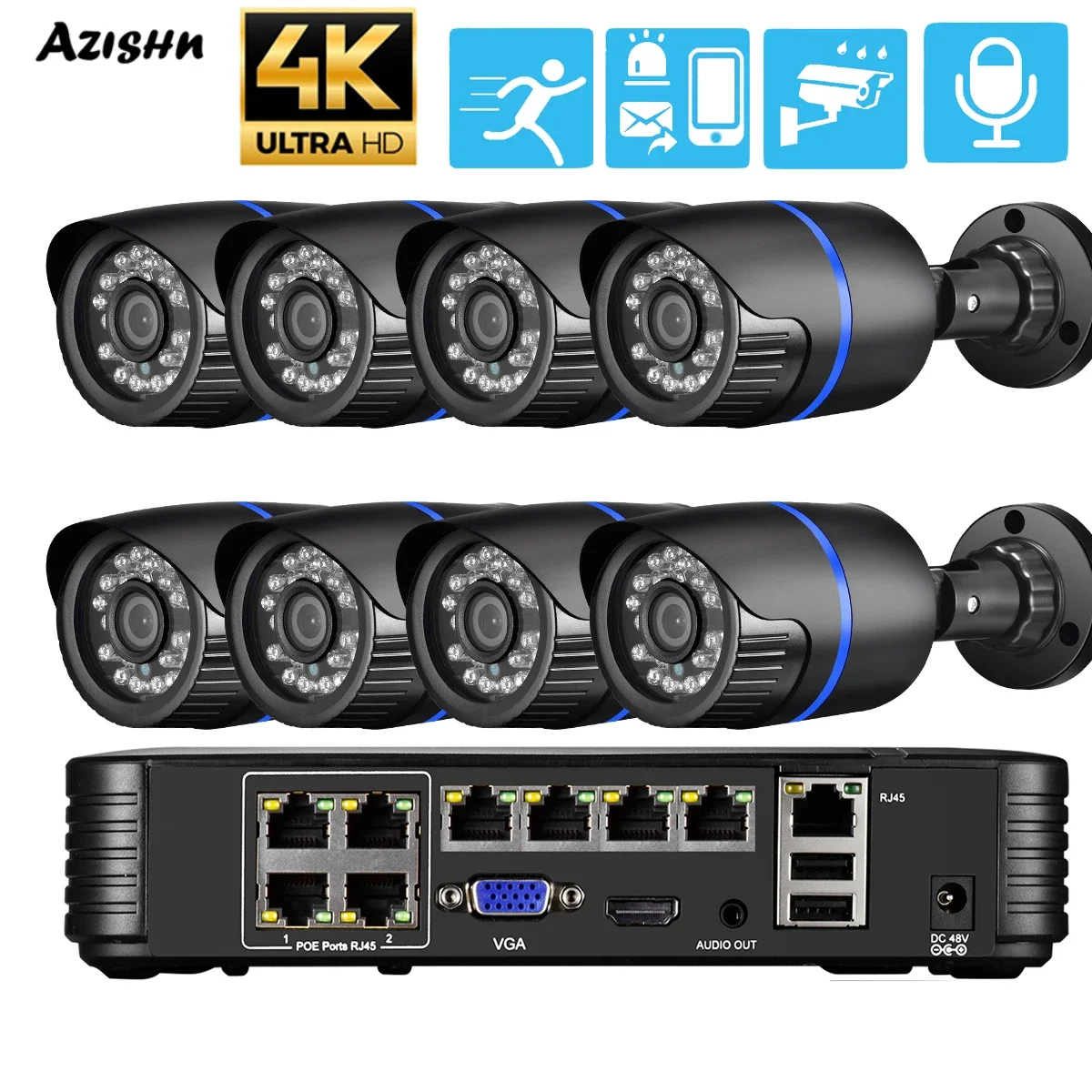 AZISHN Audio Recording IR Night Vision Surveillance 4K 8MP Security Camera CCTV Video Monitoring Kit