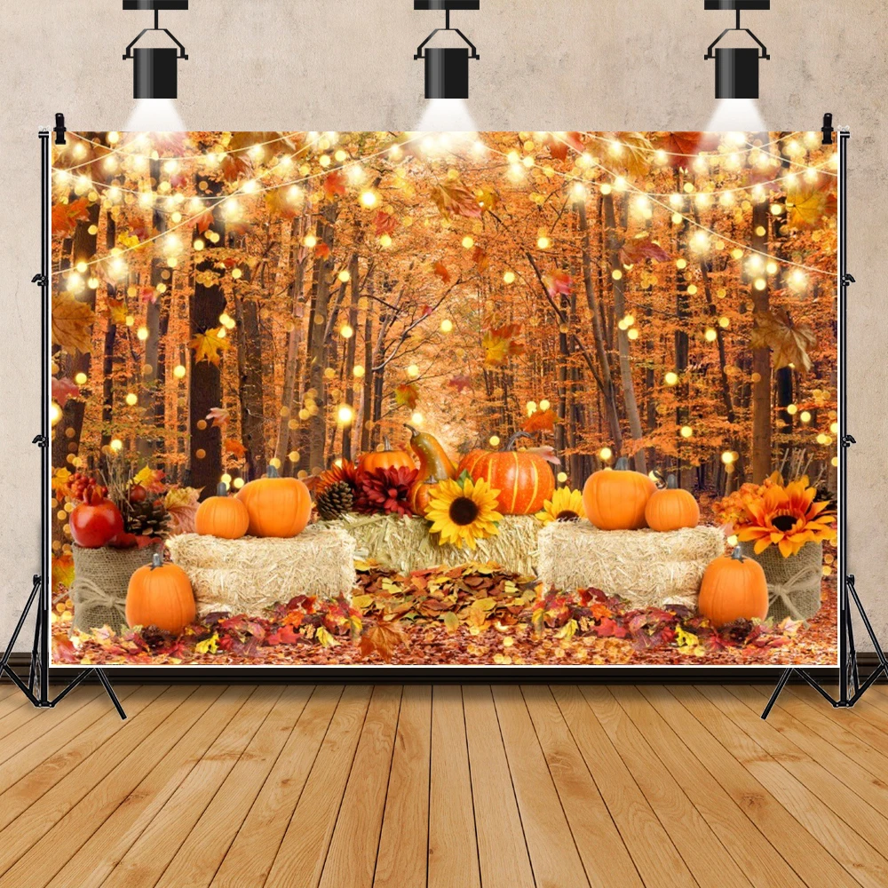 Fall Thanksgiving Background Wooden Door Barn Autumn Pumpkin Maple Leave Sunflower Halloween Decoration Photography Backdrop