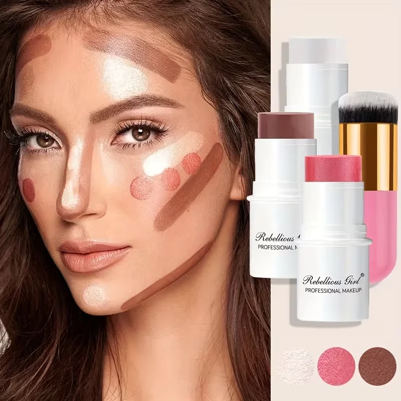 3Pcs Cream Blush Stick+Rose Gold Brush - Watery Glow, Long-Lasting, Natural Tint, Korean-Style Cheek Makeup for Fresh Look