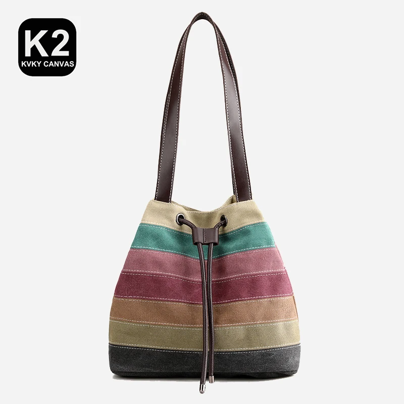 

KVKY Colorful Stripes Canvas Women's Bag Beauty Small Bucket Shoulder Bag Outgoing Contrast Color Female Bags Patchwork Handbag