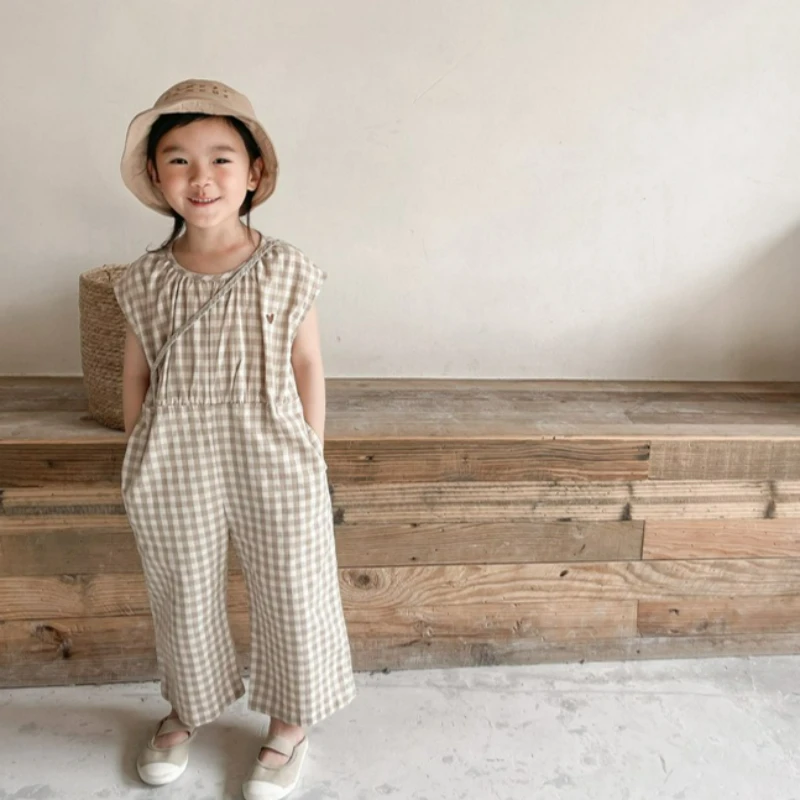 2026 Girls Summer Jumpsuit Linen‑Cotton Blend Wide‑Leg 9‑Length Jumpsuit Casual Kids One‑Piece Outfit For Little Girls