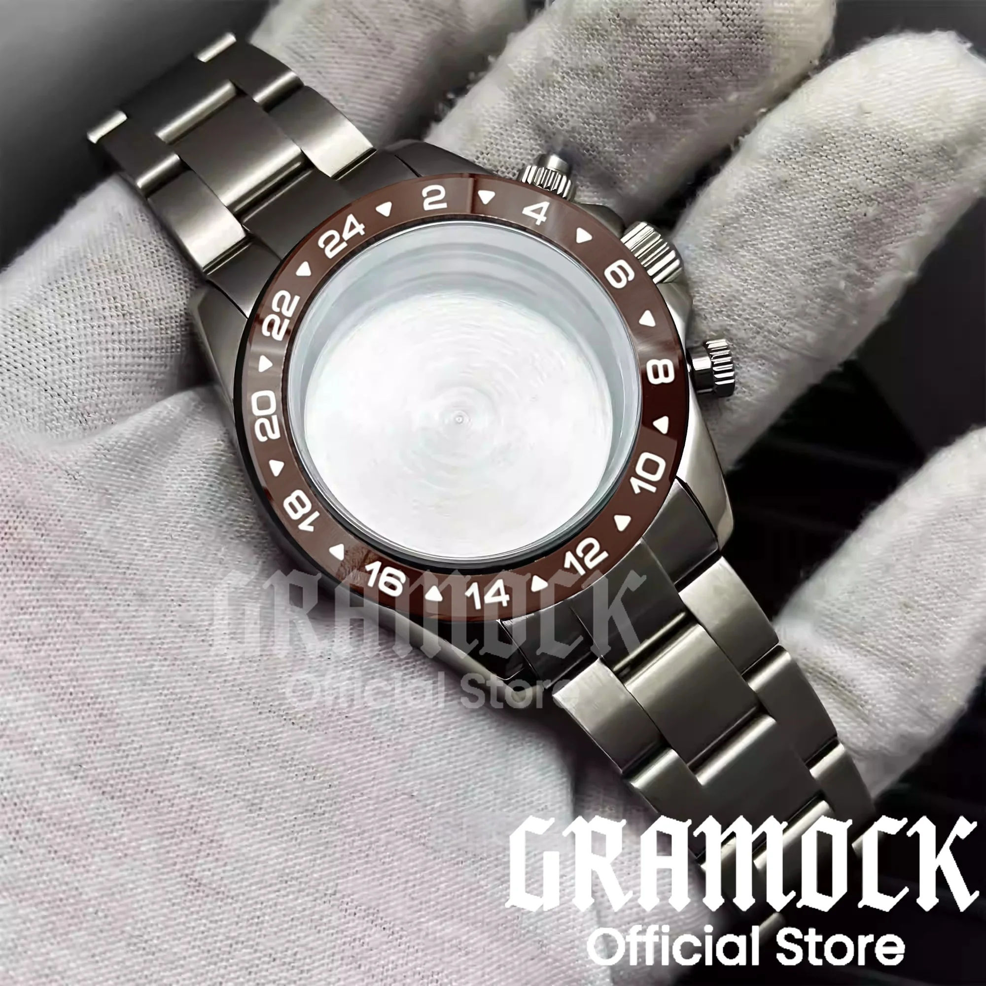 GRAMOCK 39 mm Herren-Taucheruhrengehäuse VK63, poliert, Saphirglas, GMT-Keramiklünette, superleuchtende Passform, VK63, VK64-Uhrwerk