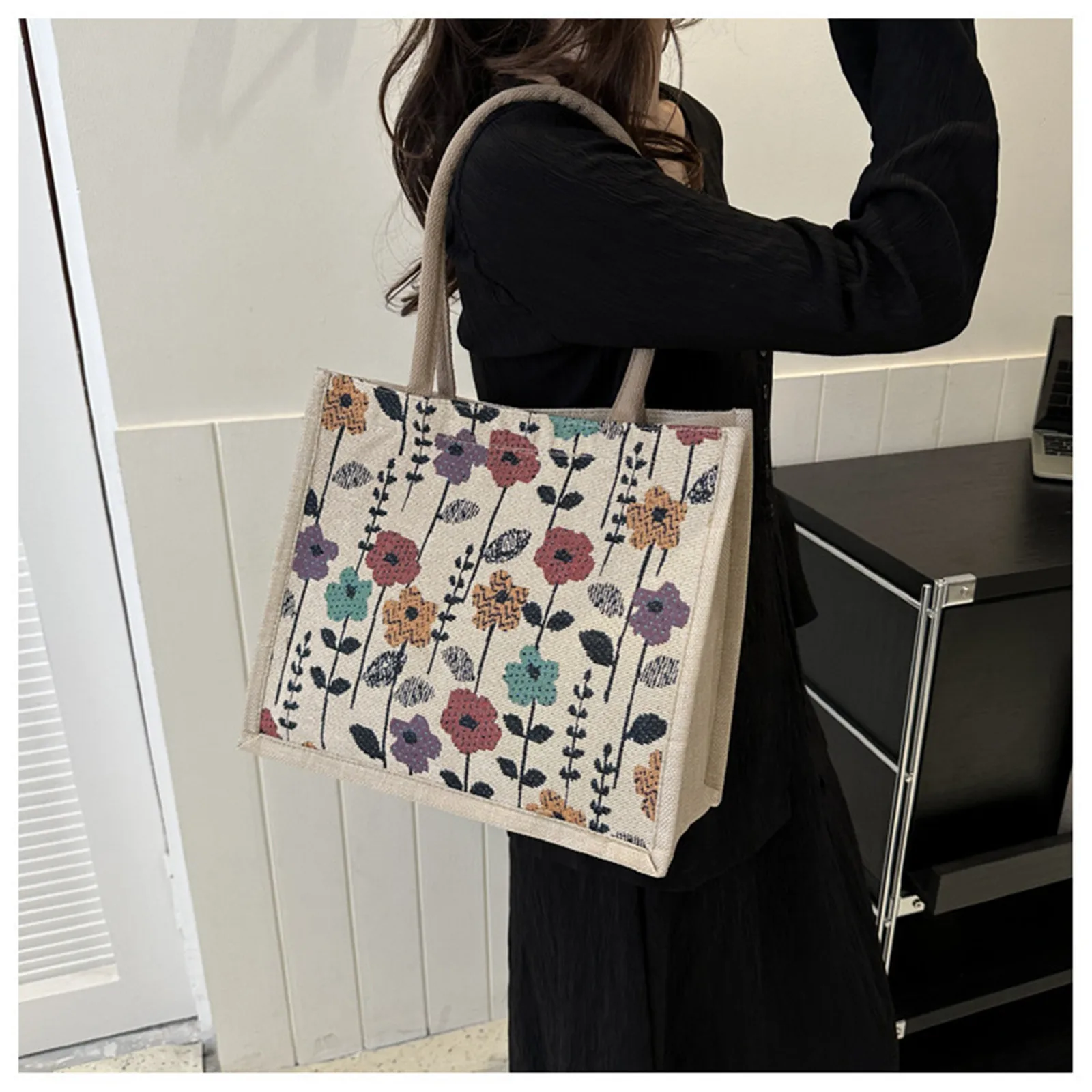 Vintage Women Handbag Linen Flower Print Tote Bag Large-capacity Handbag Casual Shoulder Bag Simple Eco Top Handle Shopping Bags