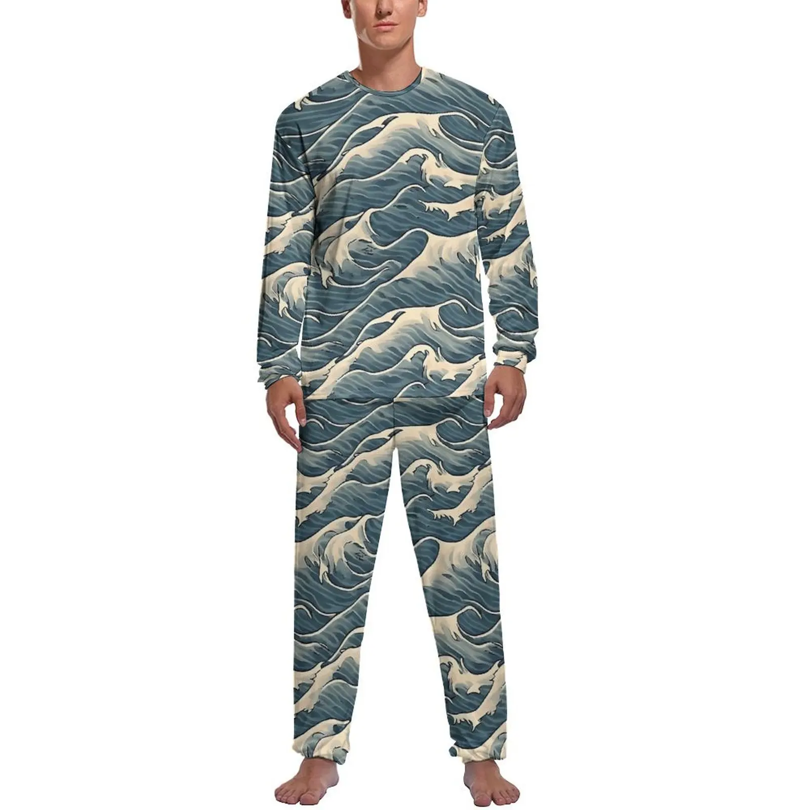 Ocean Blue Wave Print Pajamas Men  Fashion Nightwear Autumn Long Sleeve 2 Pieces Aesthetic Custom Pajamas Set