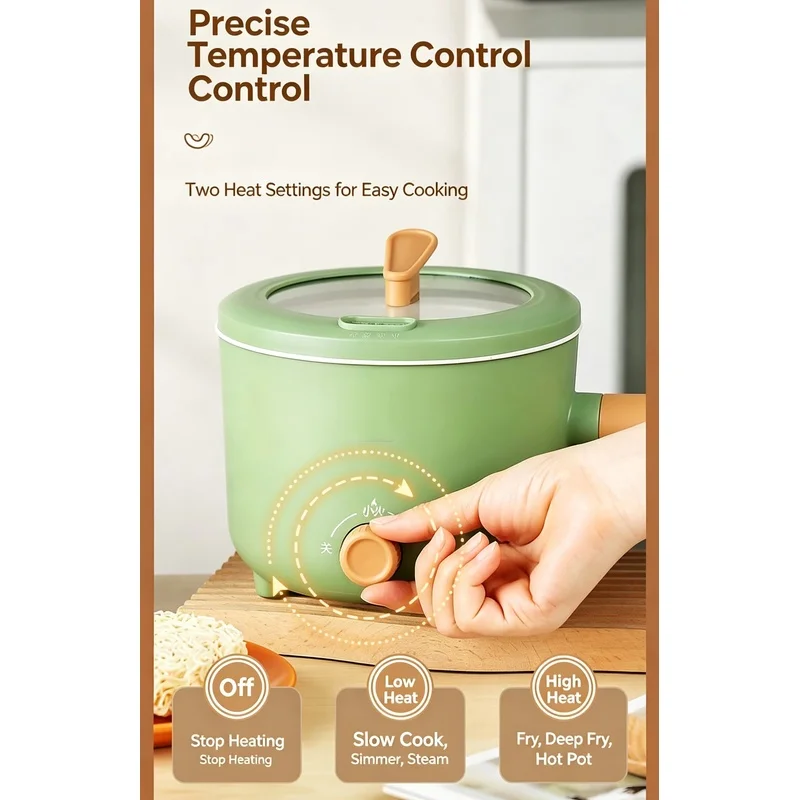 1pc 220V Mini Electric Cooker 1.8L Nonstick Dual Temperature Control Portable Cooking Pot for Noodles Soup Frying Dorm Kitchen