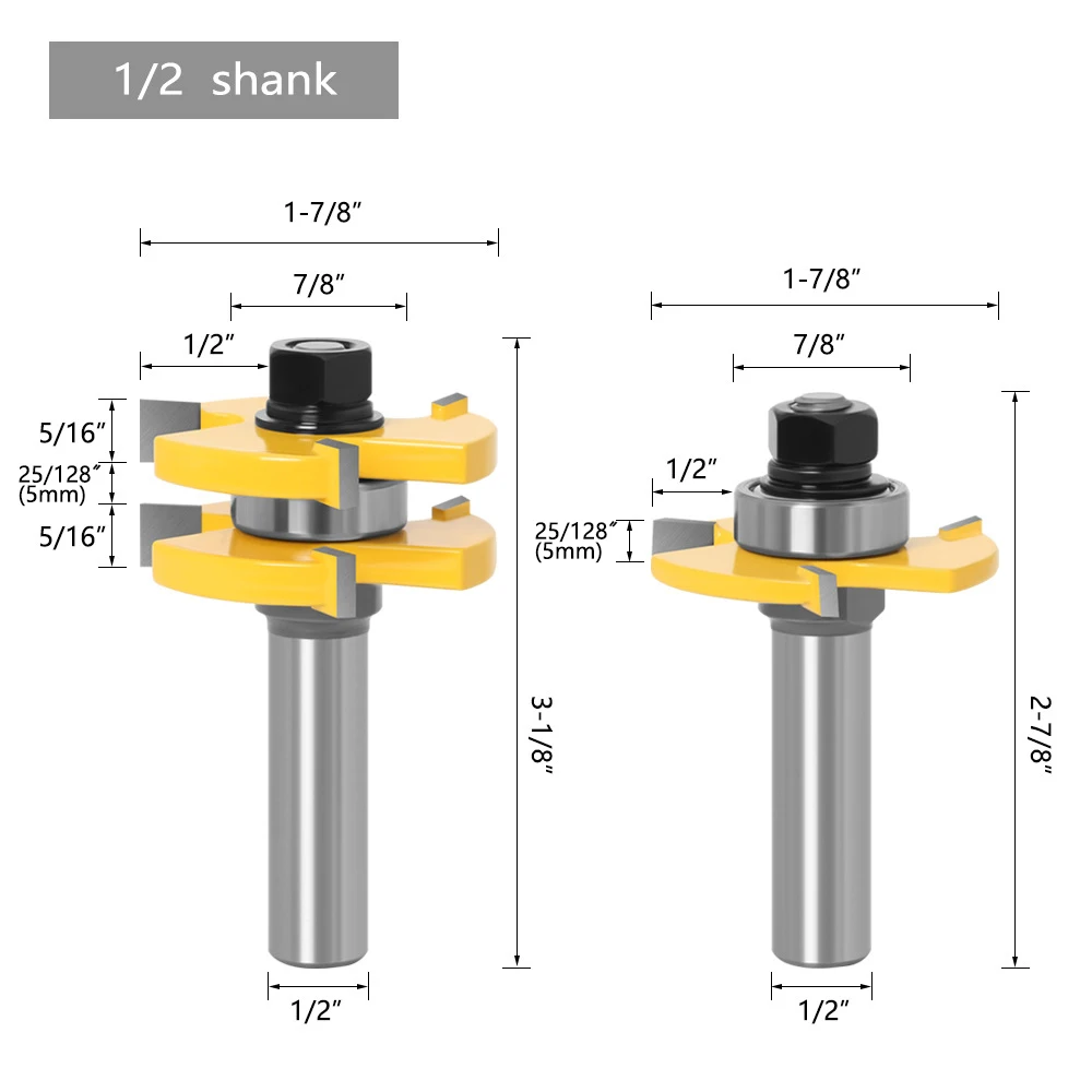 2pcs 8mm 12mm 1/2in shank Joint Assemble Router Bits Tongue & Groove T-Slot Milling Cutter for Wood Woodwork Cutting Tools
