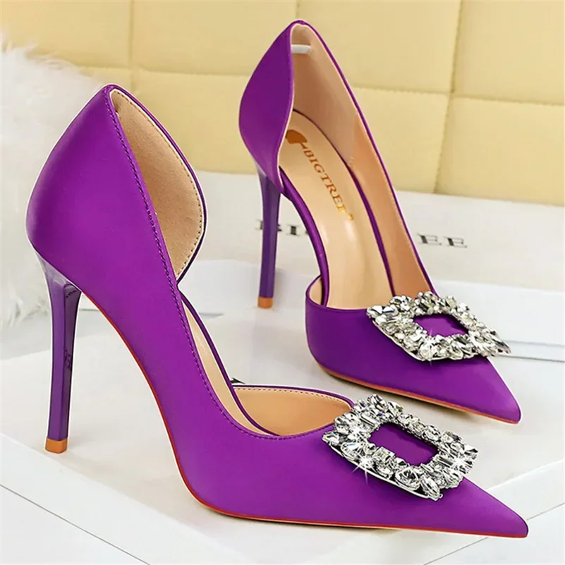 Women Fashion Wedding Party Designer Pink Purple Rose Red Pumps Lady Fetish 10.5cm High Heels Crystal Buckle Satin Evening Shoes