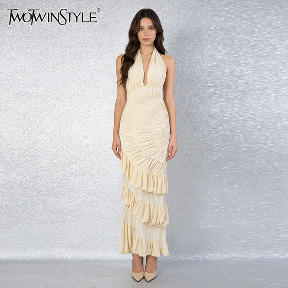 TWOTWINSTYLE Chic Apricot Halter Maxi Dress for Women Sleeveless Ruched Waist Satin Texture Layered Ruffles Skirt for Getaways