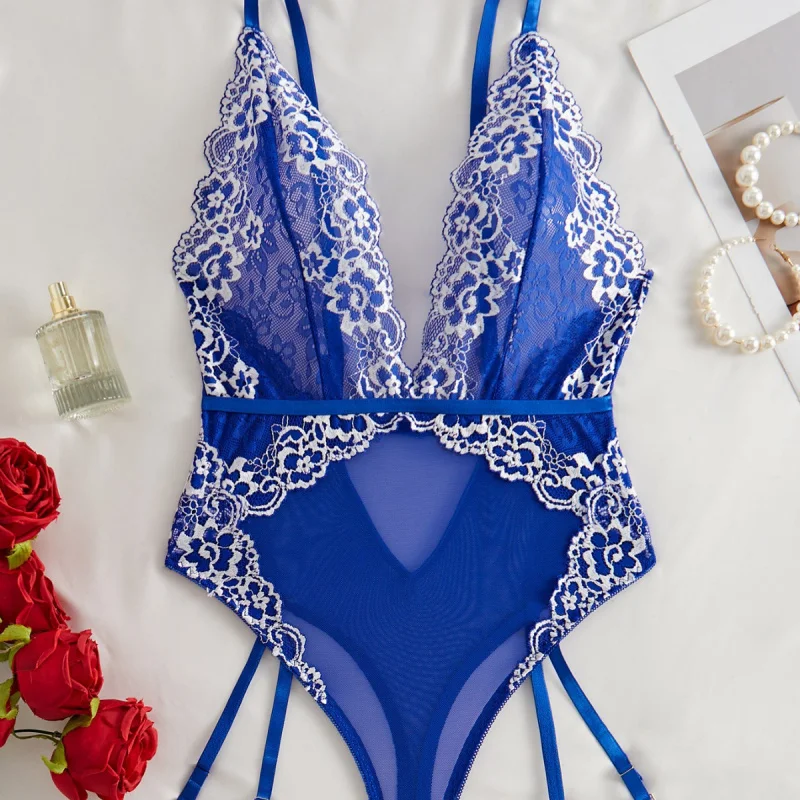 

Bikini Lace Trim Backless Mesh Sheer Strap DeepV Sexy One-piece Sexy Lingerie Women