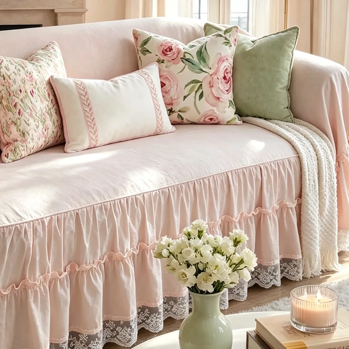 French Retro Pastoral Thickened Sofa Towel Activity Printing Dustproof Romantic Home Cream Wind Pink Lace One Sofa Cover