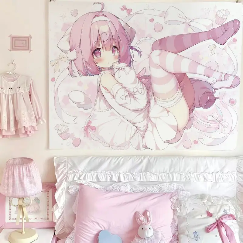 VIKAMA Cute Anime-Style Tapestry, Pink Cute Girl Wall Decoration, Aesthetic Home Decor for Bedrooms and Living Rooms