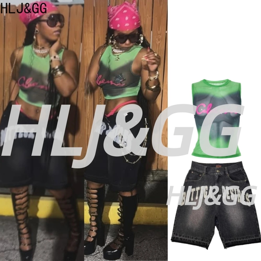 

HLJ&GG Fashion Y2K Mesh Letter Print Tank Top Two Piece Sets Women Sleeveless Slim Crop Vest And Denim Embroidery Shorts Outfits