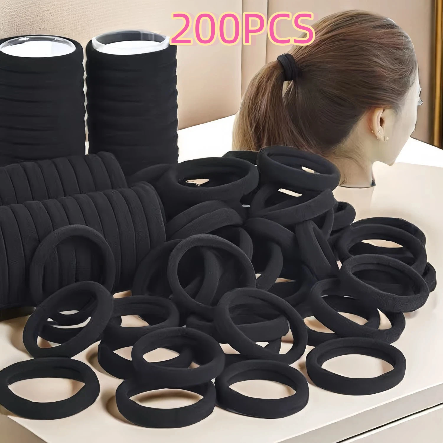 100/200 Stück Verstärkte Hochelastische Schwarze Haargummis für Damen, Stilvolle Einfache Haarbänder, Langlebige Haarbänder für Erwachsene – Detail 19
