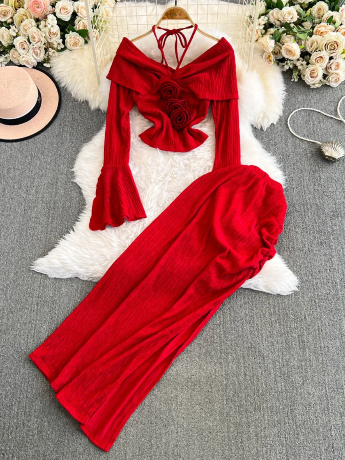 

Foamlina Модный женский тонкий короткий топ с длинными рукавами и открытыми плечами, комплект из двух предметов, юбка с высокой талией и разрезом на бедрах, комплект из двух предметов