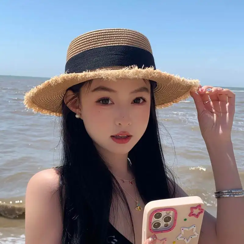 

Women's Flat Top St Hat Knot Beach Holiday Hawaiian Sle Sun Weaving Hat Summer Vaion Sunade Cap