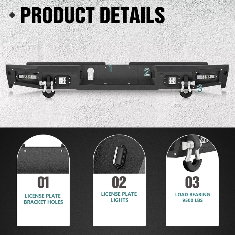 Rear Bumper with 4 ×  s, License Plate s, Sensor Holes & D-rings for 2019 2020 2021 2022 2023  Ranger Pickup