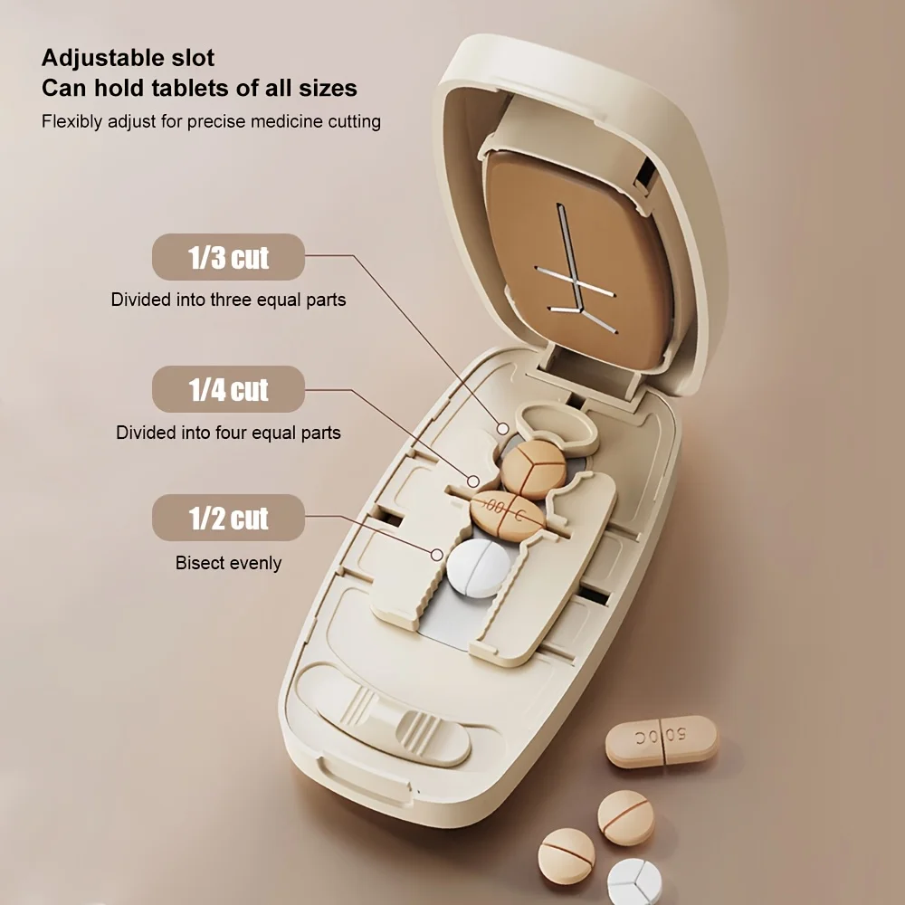 

Портативный многофункциональный делитель таблеток с отсеком для хранения, точная резка таблеток на половинки, треть, четверть, органайзер для лекарств