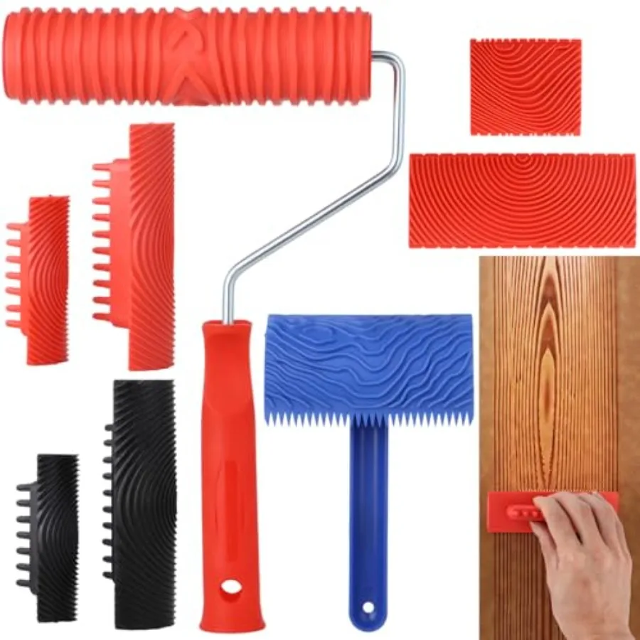 

【Spot goods】Wood Graining Tool 8PCS Wood Grain Painting Tool Set Wood Grain Painting Roller with Handle DIY Rubber Wood Grainin