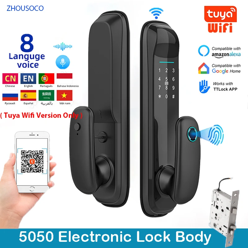 

2023 New Tuya/TTlock Smart Fully Automatic Biometric Electronic Lock Fingerprint/Password/Card/App/Key Unlock Security Door Lock