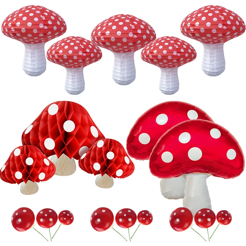 20/30CM Red Mushroom Hanging Ornaments Paper Lantern Honeycomb For Kids Woodland Mushroom Happy Birthday Party Decorations