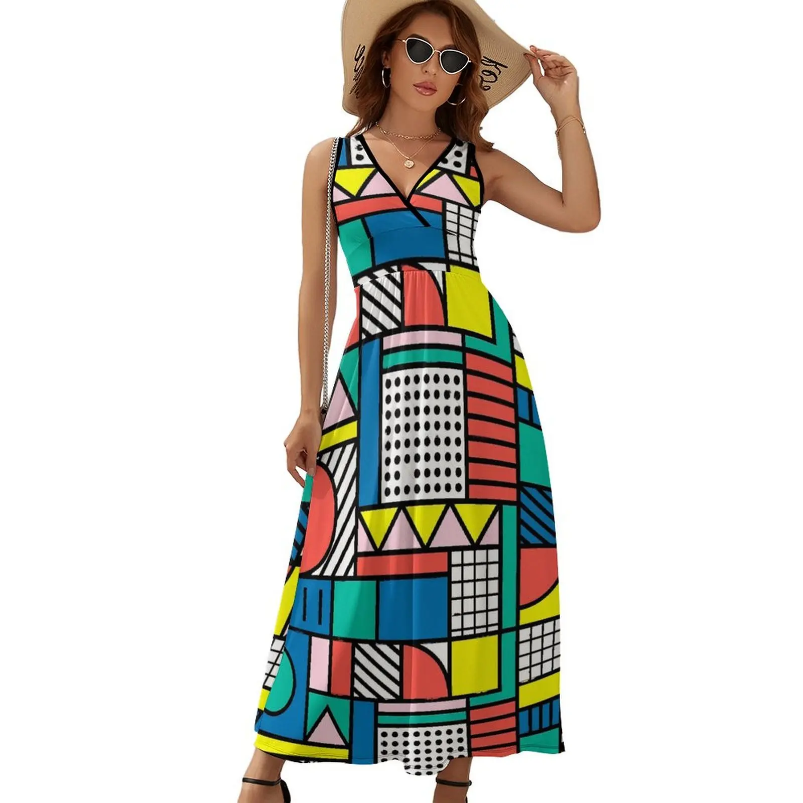 

Memphis Color Block Dress Geometric Aesthetic Boho Beach Long Dresses Ladies Cute Graphic Maxi Dress Gift