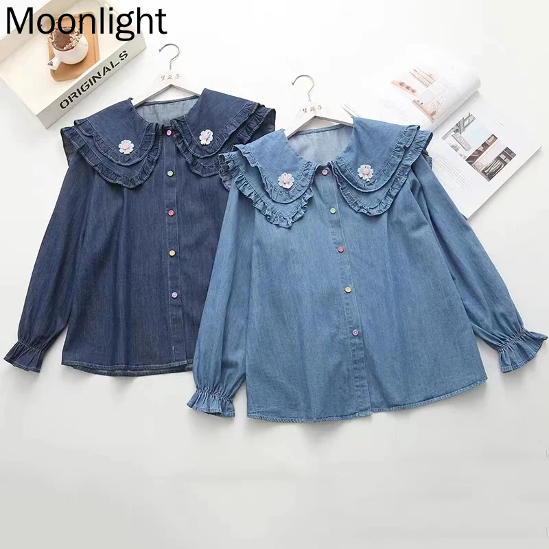 3D Flower Ruffles Peter Pan Collar Denim Shirt Women Autumn Japanese Sweet Mori Girl Long Sleven Single-breasted Female Blouse