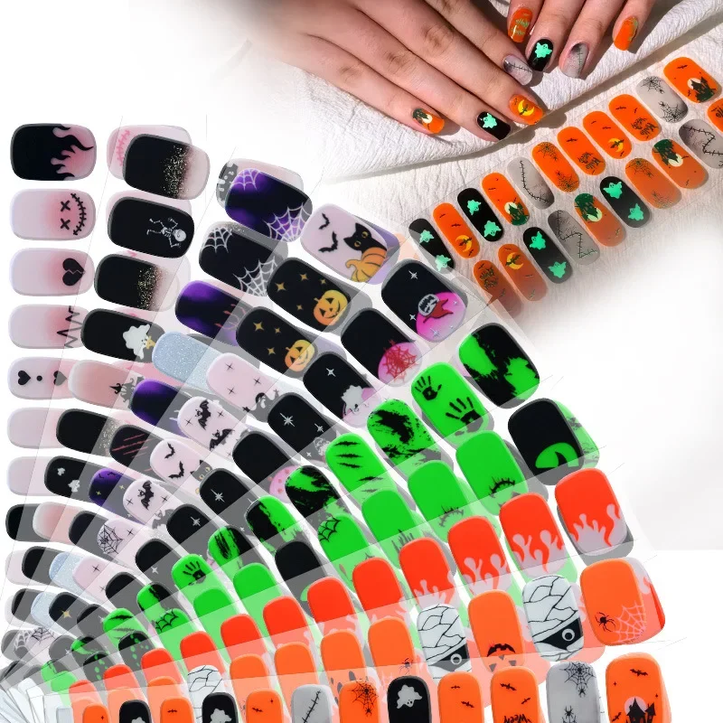 Ghost Gel Nail Stickers Halloween Pumpkin Gothic Design Evil Eye Flame Spider Web Skull Bones Semi Cure Nail Wraps UV Lamp Need