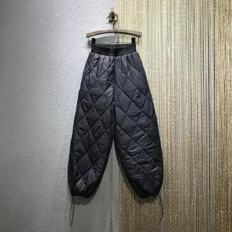 

Diamond Grid Cotton Pants Women Warm Thicken Harem Pants Winter Elastic Waist Loose Drawstring Trousers Streetwear