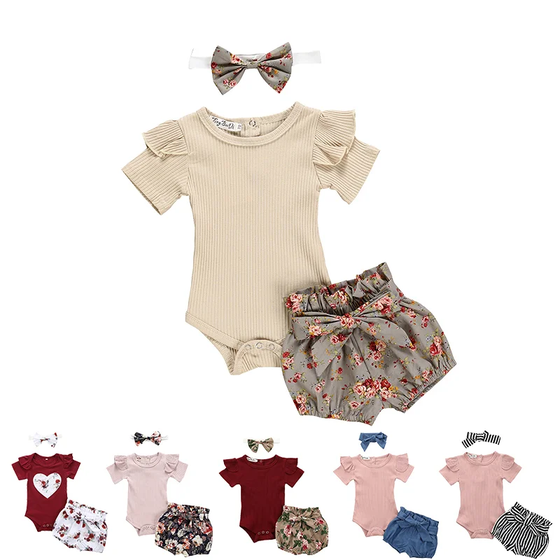 Summer Newborn Baby Girl Clothes Set Solid Color Short Sleeve Ruffle Romper Tops Flower Short Pants Headband 3Pcs Infant Outfits