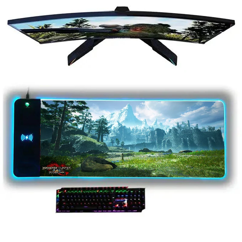 Mouse Pad With Backlight Wireless Charging Monster Hunter Rise 15W Wireless Charger Gamer Keyboard Desk Mat Gaming Accessories