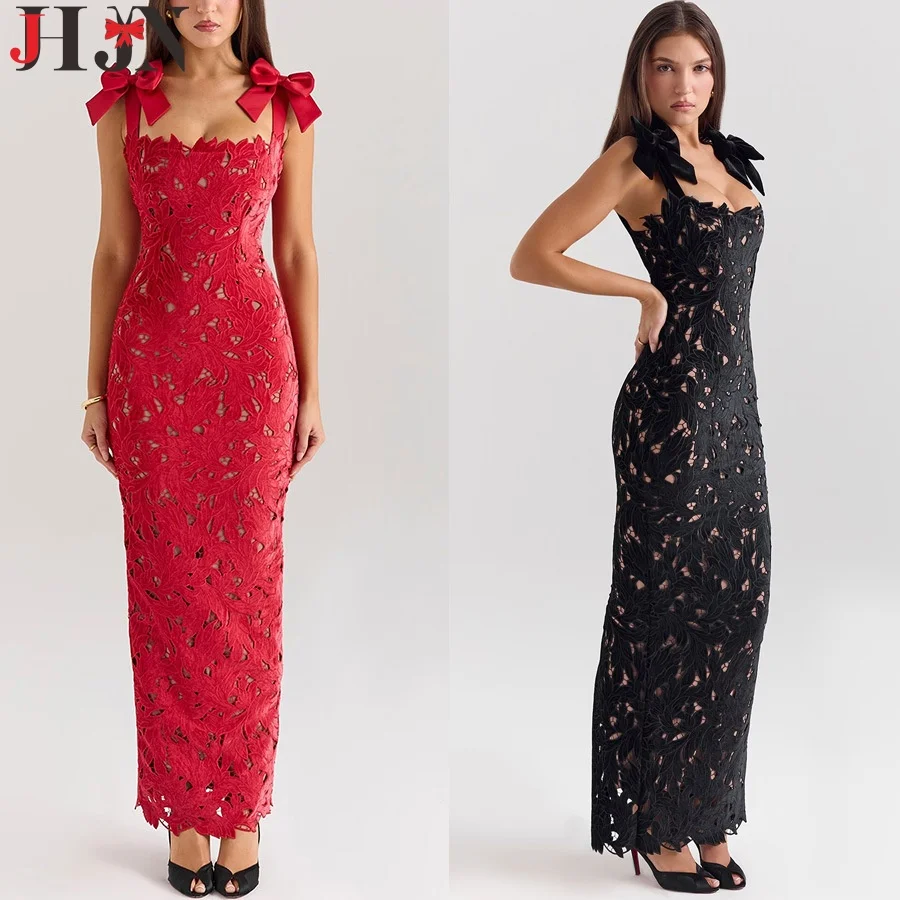 JHJN Seksi Kadın Elbise Yaylar Dantel Kolsuz Backless Rop Bodycon Kırmızı Uzun Etek Geri Bölünmüş Oymak Vestido Parti Kıyafeti Kulübü