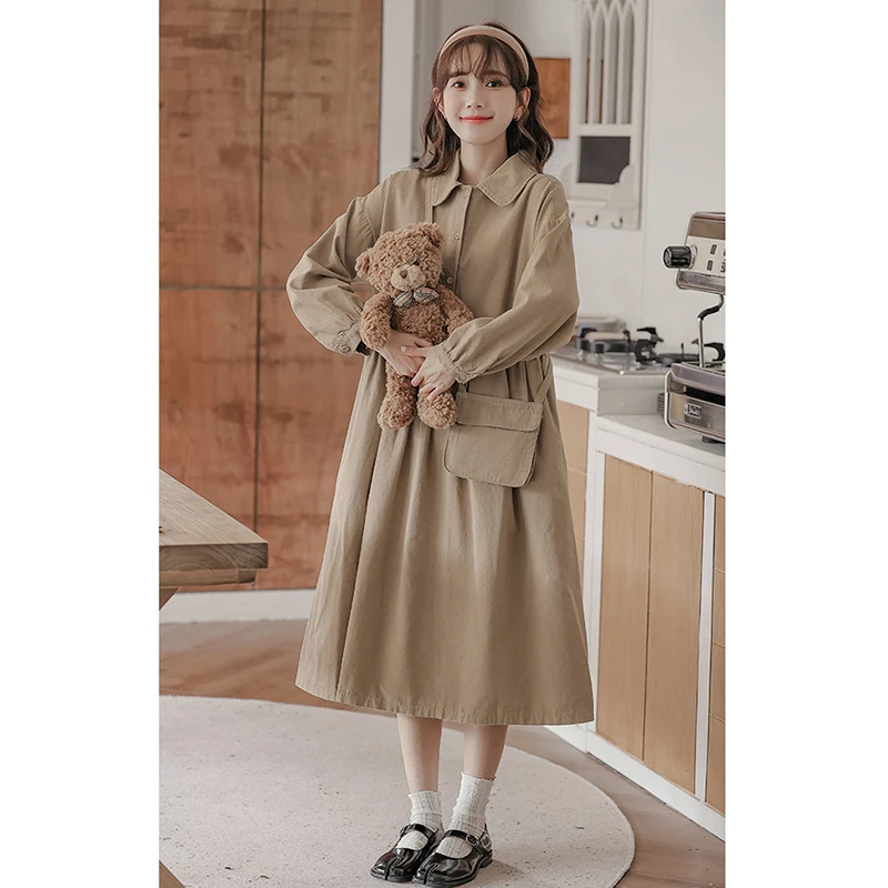 French Preppy Style Women Dress Spring New Vintage Solid Long Sleeve Dress Students Cute Mid Length Y2k Dresses Female