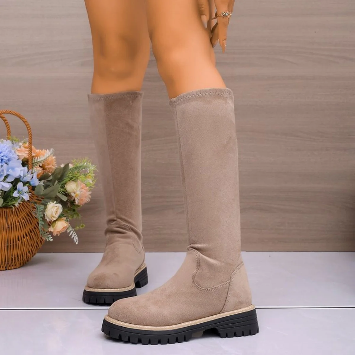 

2025 New Women Boots Winter brown Over The Knee Boots Comfort Lace Up Chunky High Heels Shoes Fashion Warm Suede Round Toe Boots